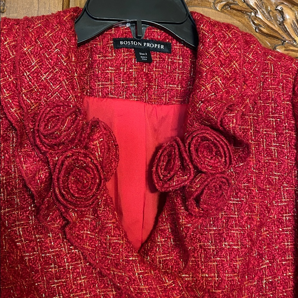 GORGEOUS BOSTON PROPER RED /GOLD TWEED JACKET SIZE 2 WORN ONCE - Picture 2 of 5